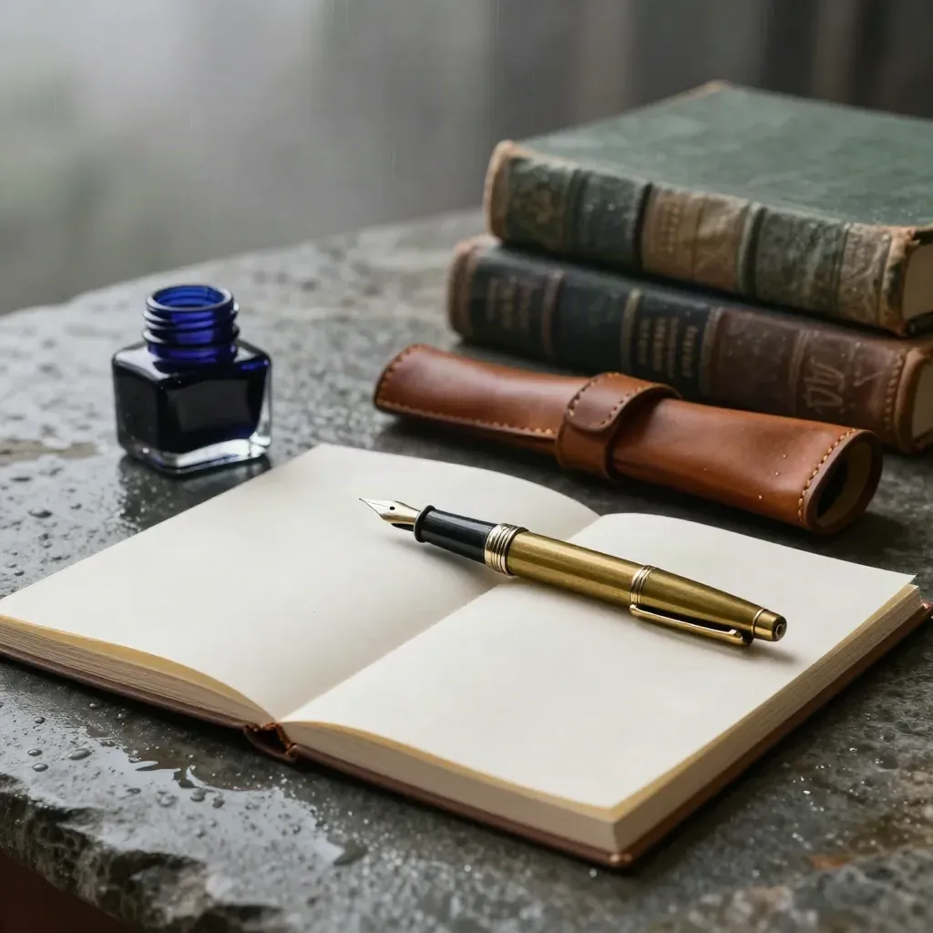 Brass fountain pen, ink bottle, folio, and leather case on a rain-dark table in misty dawn light