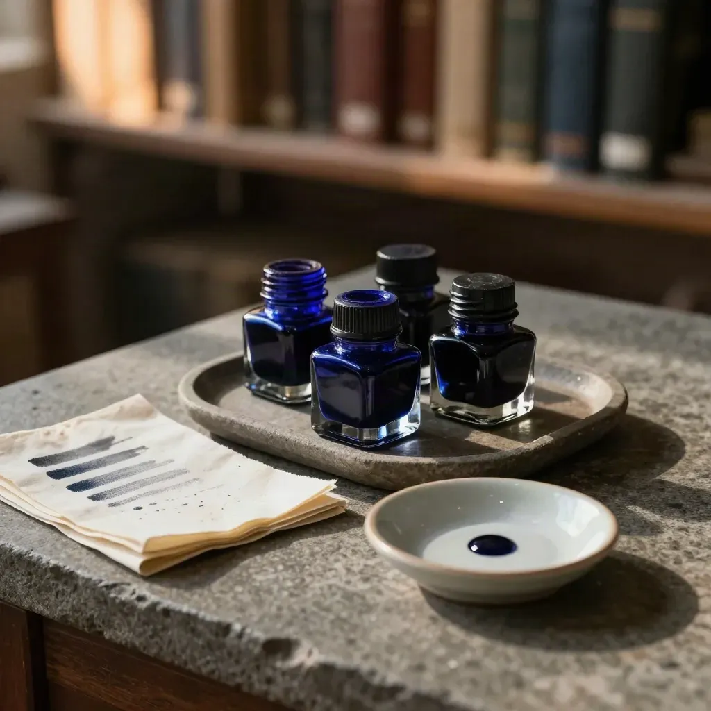 Glass ink vials, swatch cloths, and a ceramic dish on a stone print-room counter