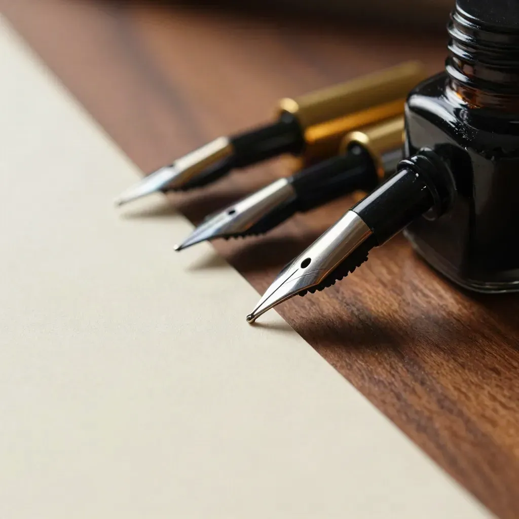 Close-up of fine nibs lifting from cream paper beside an amber ink bottle on walnut.