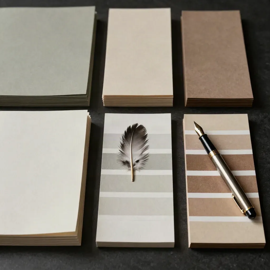 Top-down paper test on drafting table with fountain pen and ink swatches on three paper surfaces