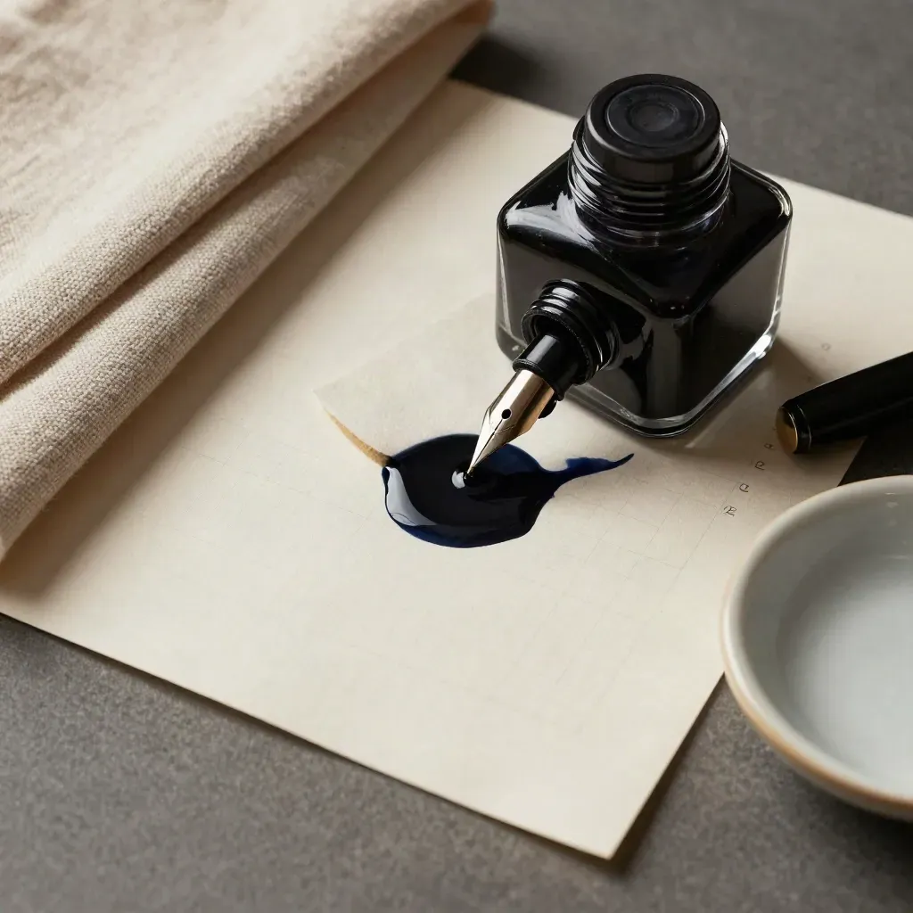 Top-down macro of black ink bottle, nib, blotter pad, cloth, and ceramic dish on a dark writing surface.