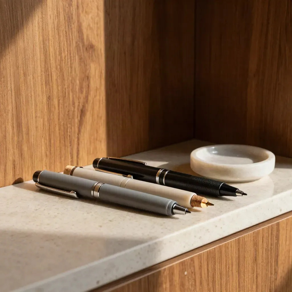 Three pens with flat, round, and tapered grips beside cork rings and a stone dish.