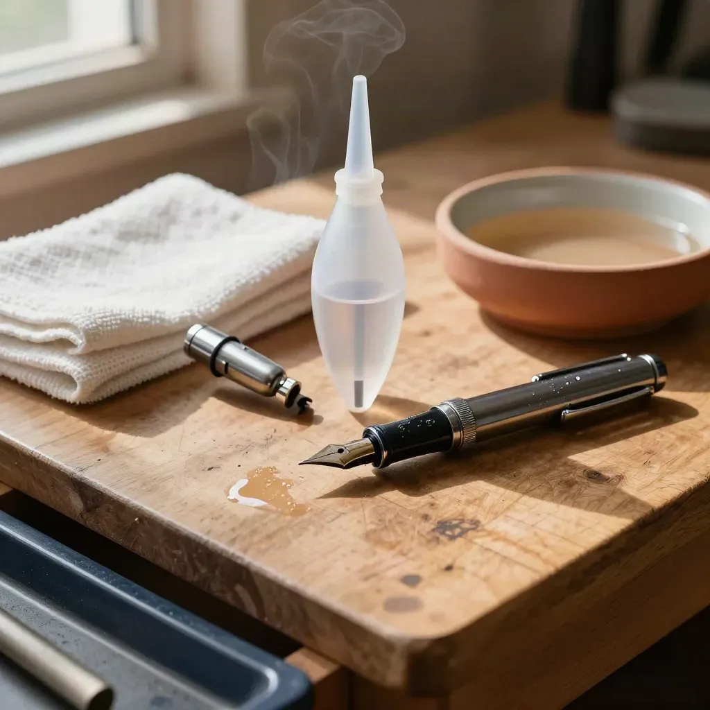 Pen cleaning tools on a repair bench with steam and rinse beads.