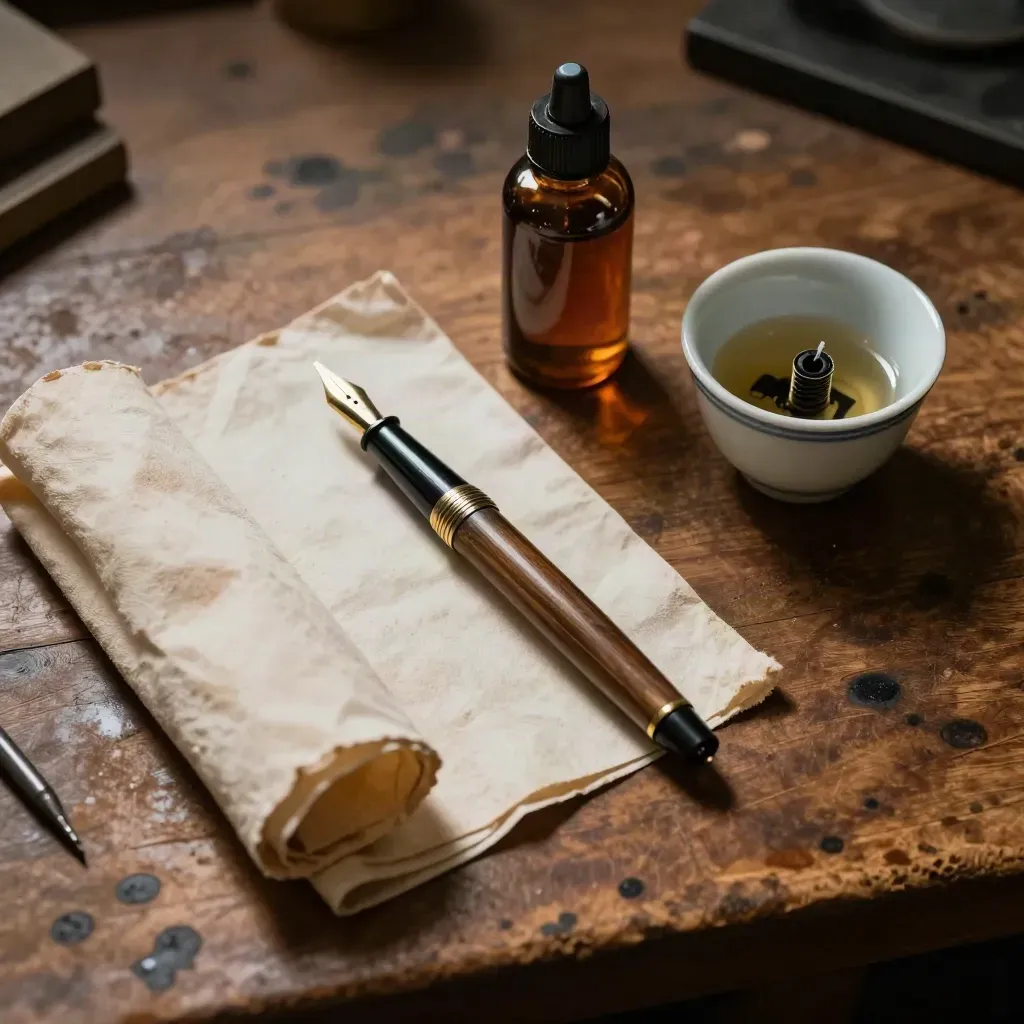 Vintage fountain pen care tools on a worn repair bench with amber bottle and porcelain cup.