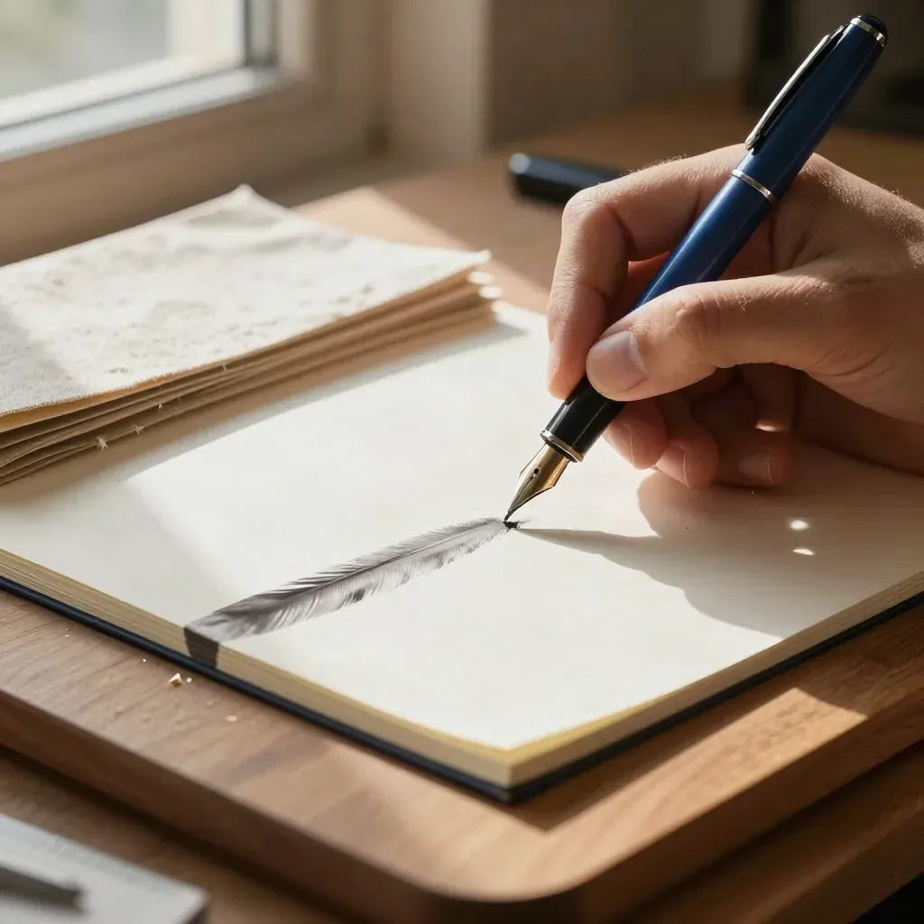 Fountain pen lays ink across office paper, notebook stock and a pad on a drafting board.