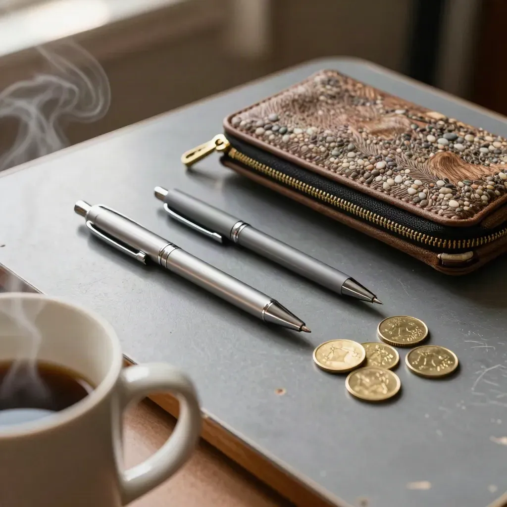 Low-angle student desk scene with two pens, a coin pouch, brass coins, and rising mug steam.