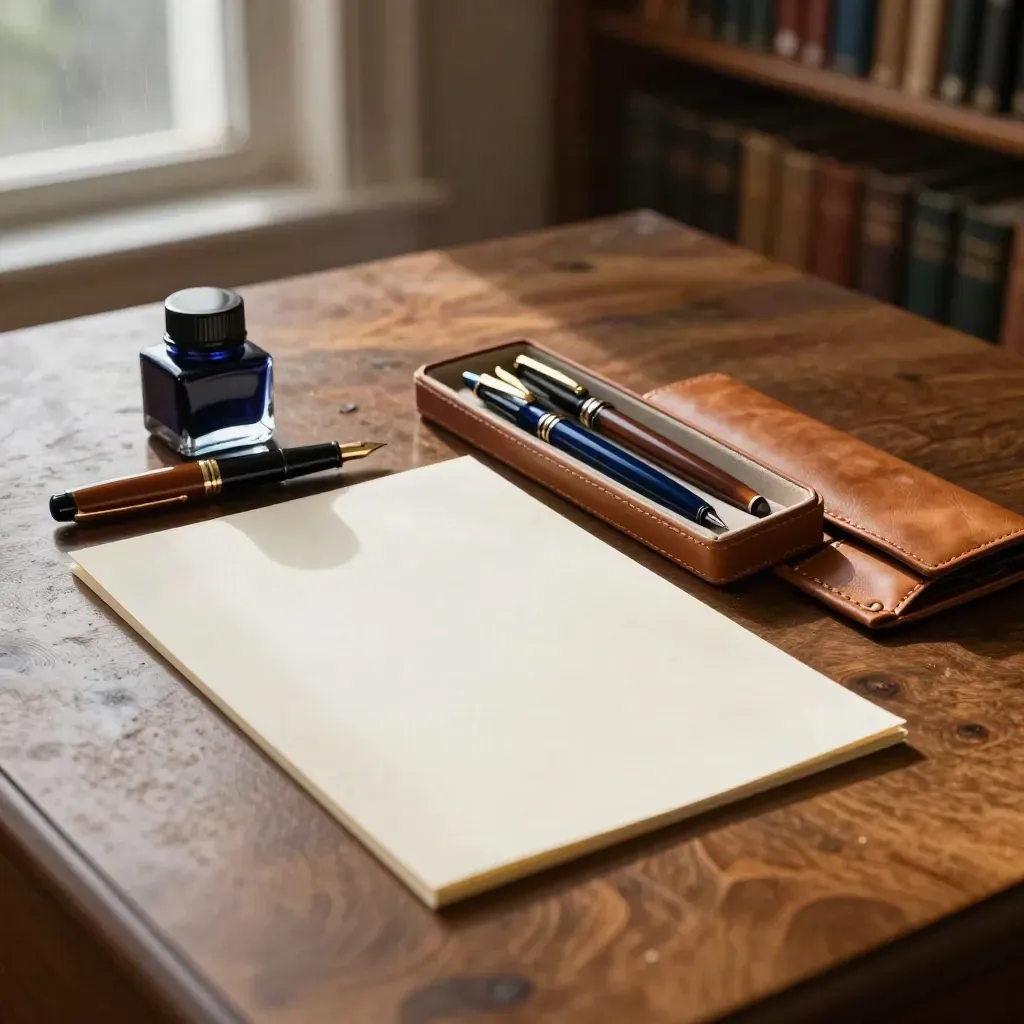 Open pen box with three fountain pens, ink bottle, test paper, and leather sleeve in a library