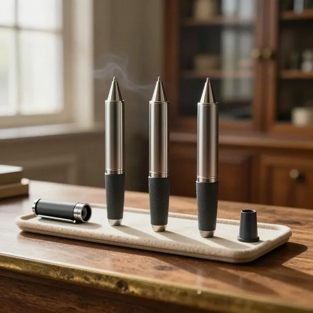 Three ballpoint pens, a refill and cap on a felt tray in a warm stationery atelier.