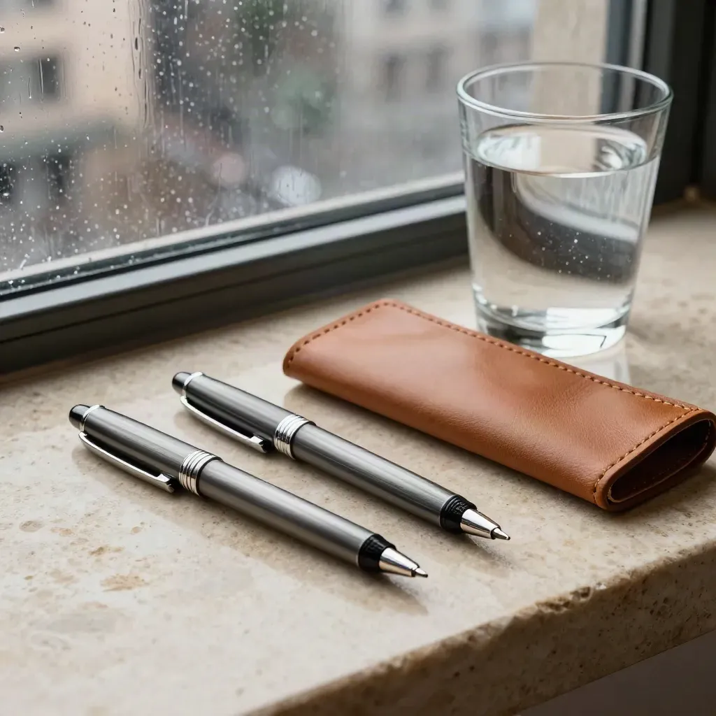 Two rollerball pens, leather sleeve and water glass by a rain-streaked window