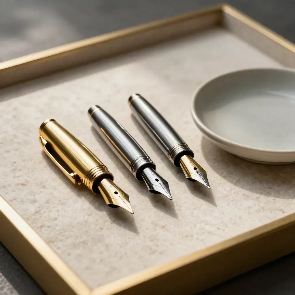 Four fountain pen nib units fanned on pale felt beside a small ceramic dish.