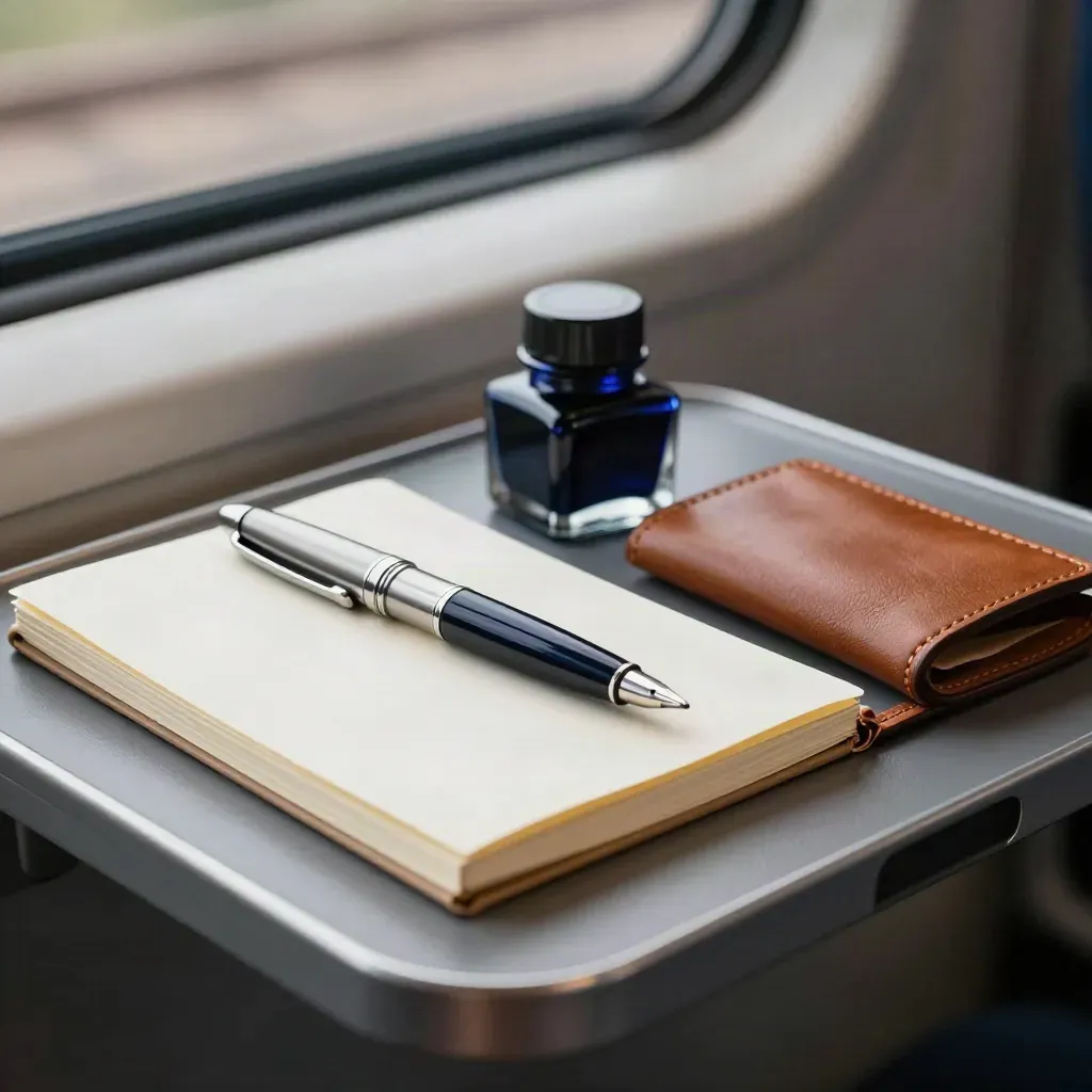 Train tray table with pen kit, ink bottle, notebook, and leather case