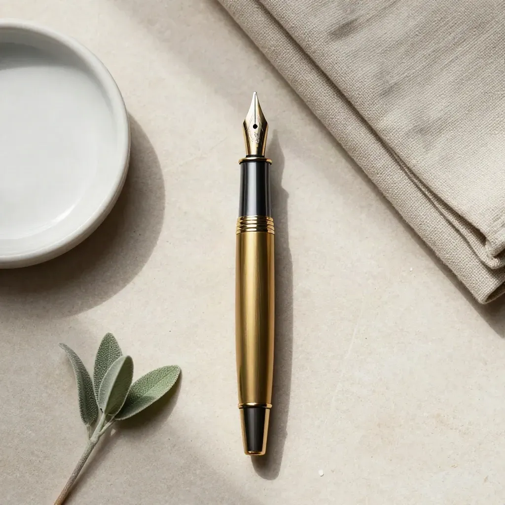 Overhead nib unit with ceramic dish, linen, and greenery on pale stone