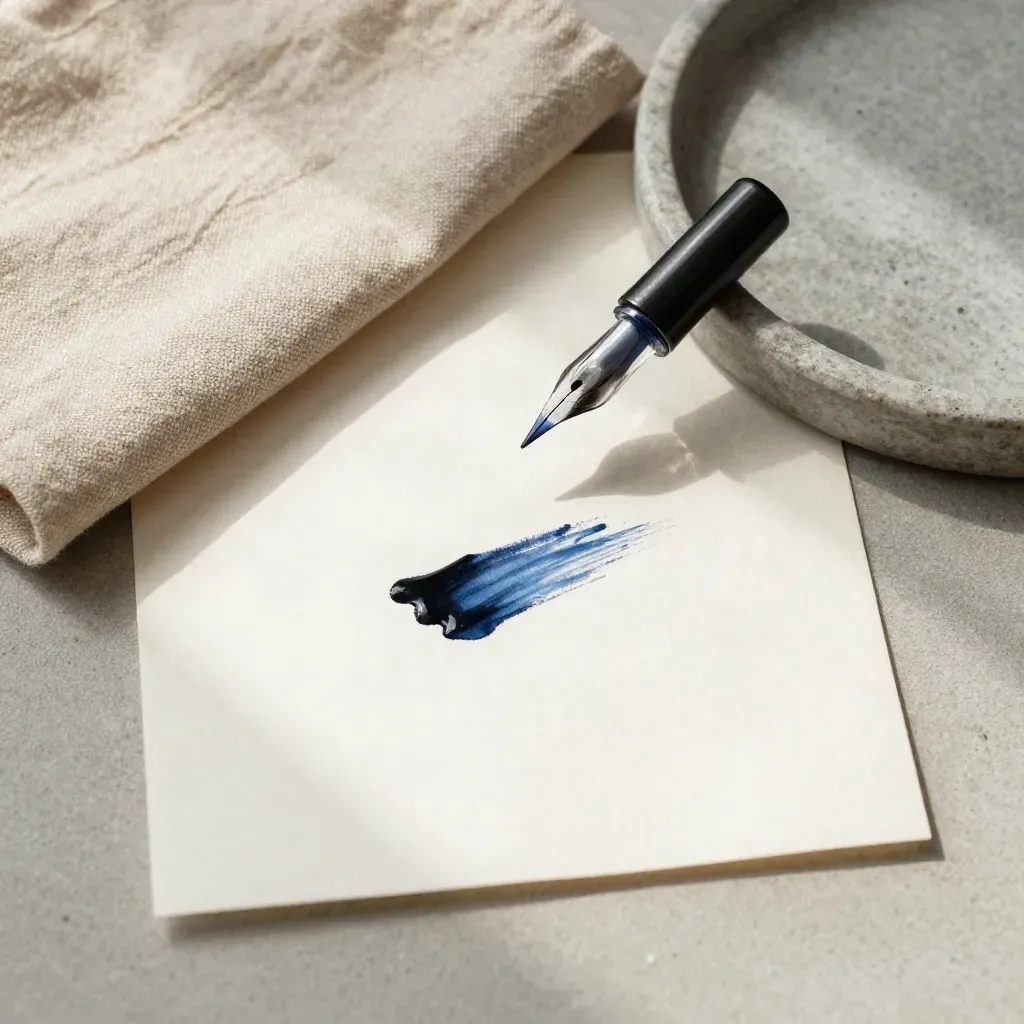 Overhead still life of an ink stroke, glass dip nib, linen cloth, and stone tray on concrete.