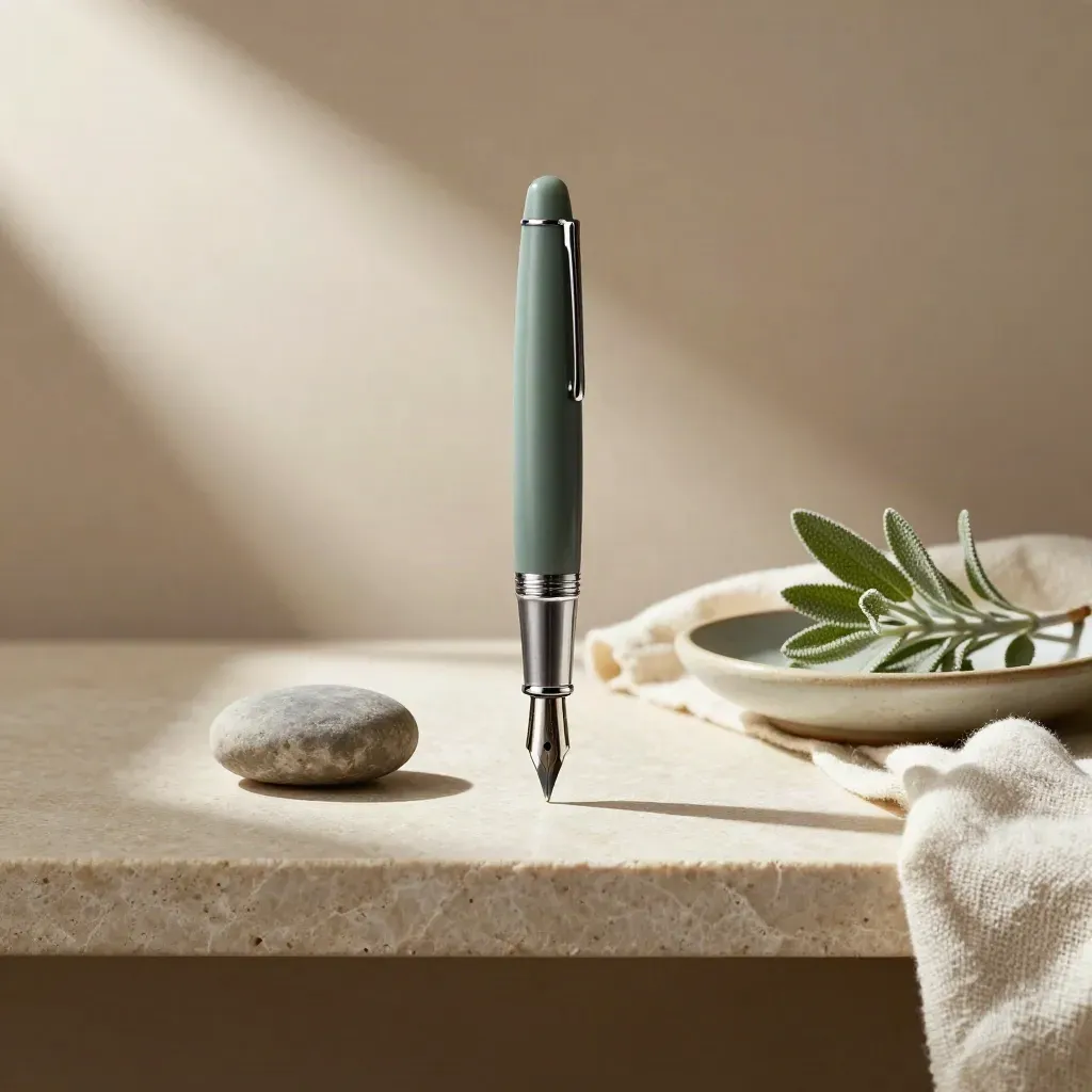 Fountain pen grip section on stone shelf with cloth, plant, and smooth stone in soft daylight.