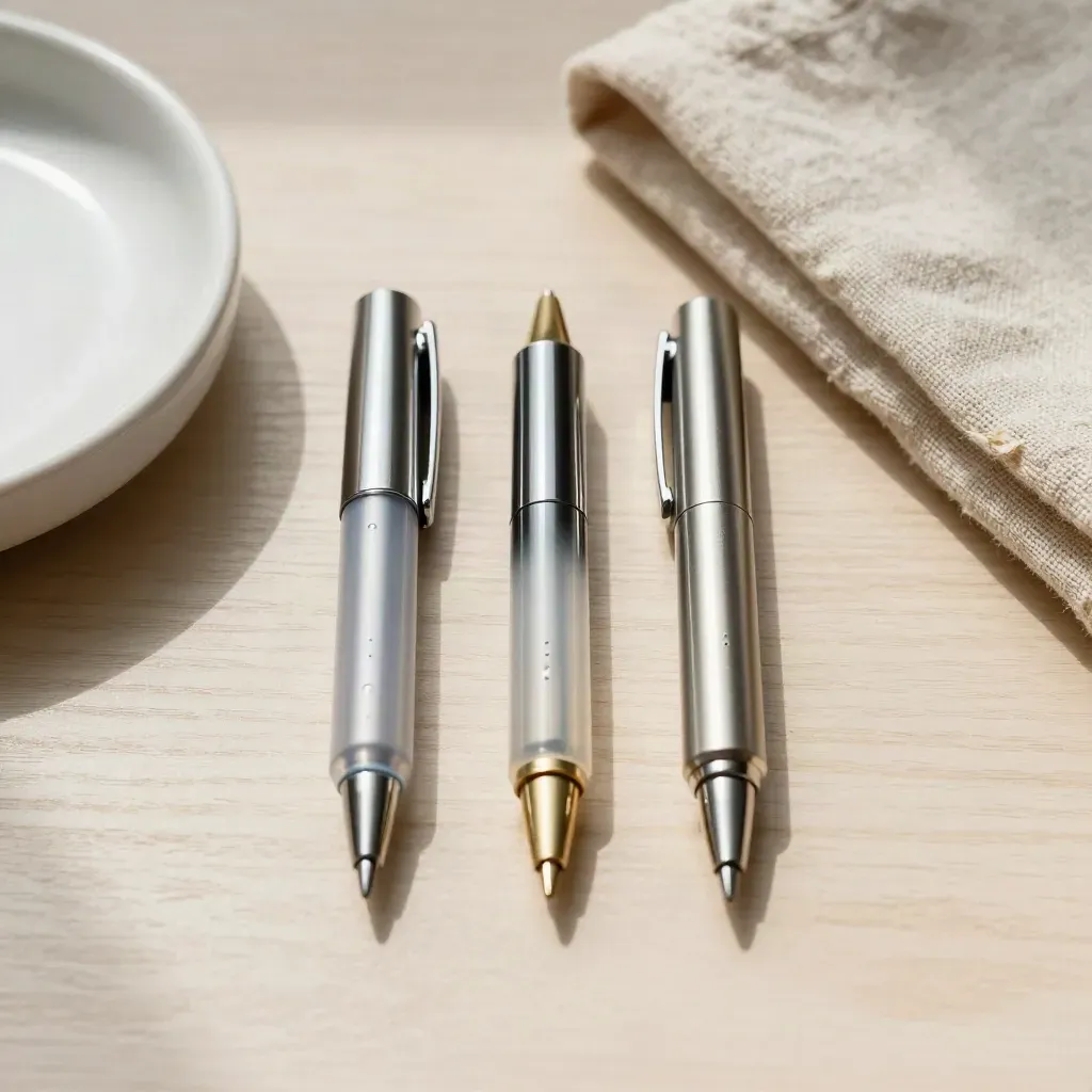 Overhead still life of sorted pen refills with a brass cap and ceramic dish on pale wood