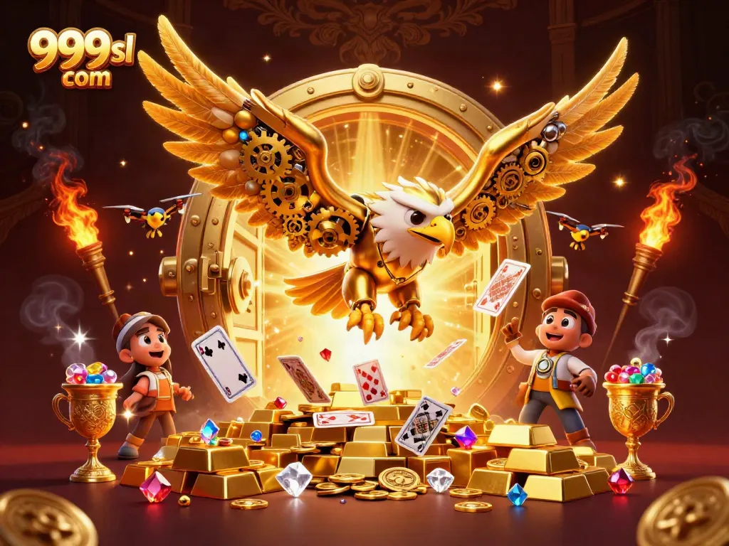 Win jackpots at 999sl com as a cybernetic eagle soars through a sea of cards and treasures.
