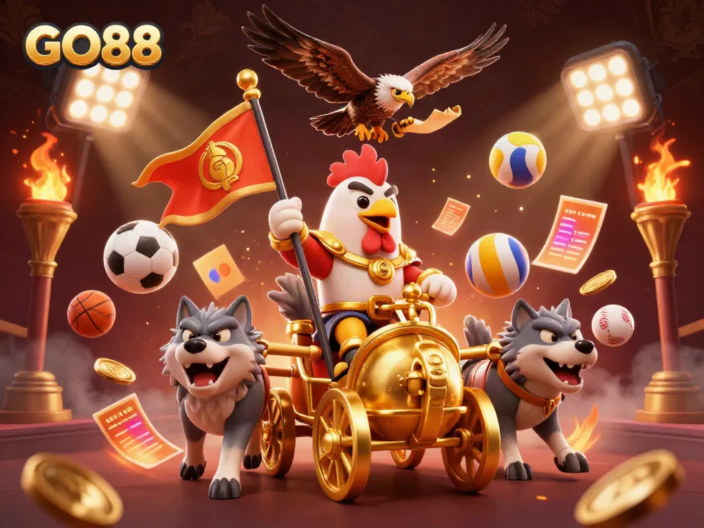 Engaging GO88 gaming experience with a heroic rooster warlord and golden elements amidst dynamic sports-themed action.