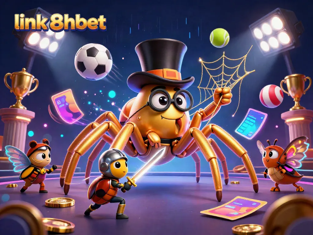 Engage with the link 8xbet illustrated in a dynamic casino scene with unique characters and vibrant game elements.