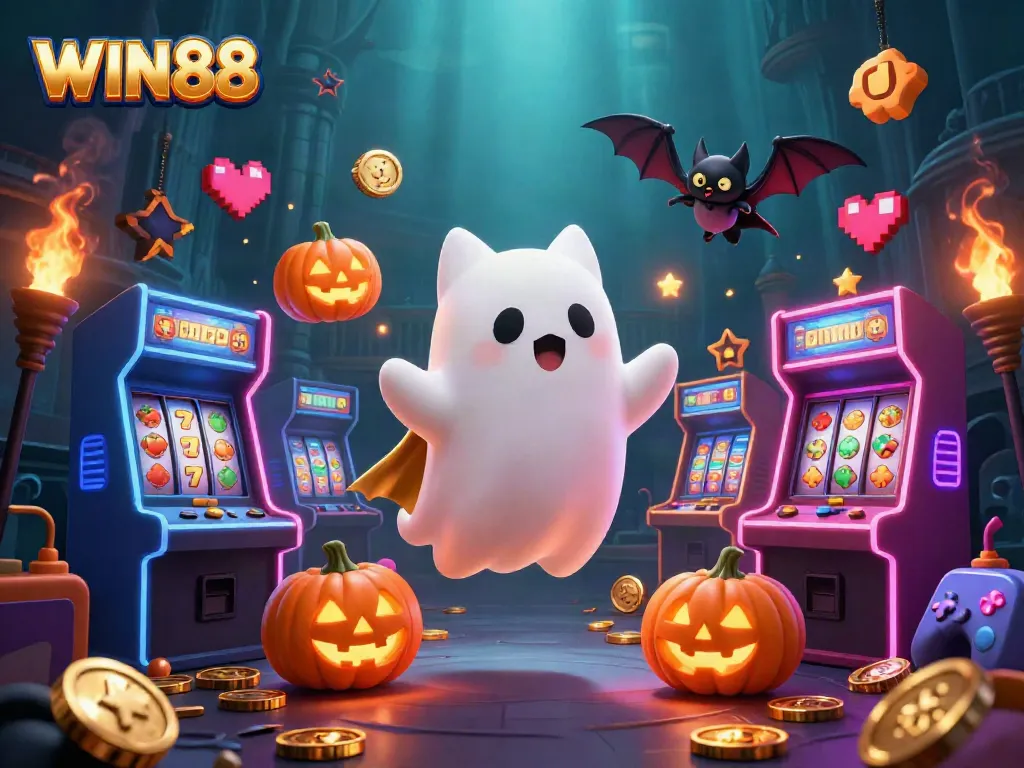 Engage in exhilarating gaming adventures at WIN88 with a friendly ghost cat in a vibrant casino.