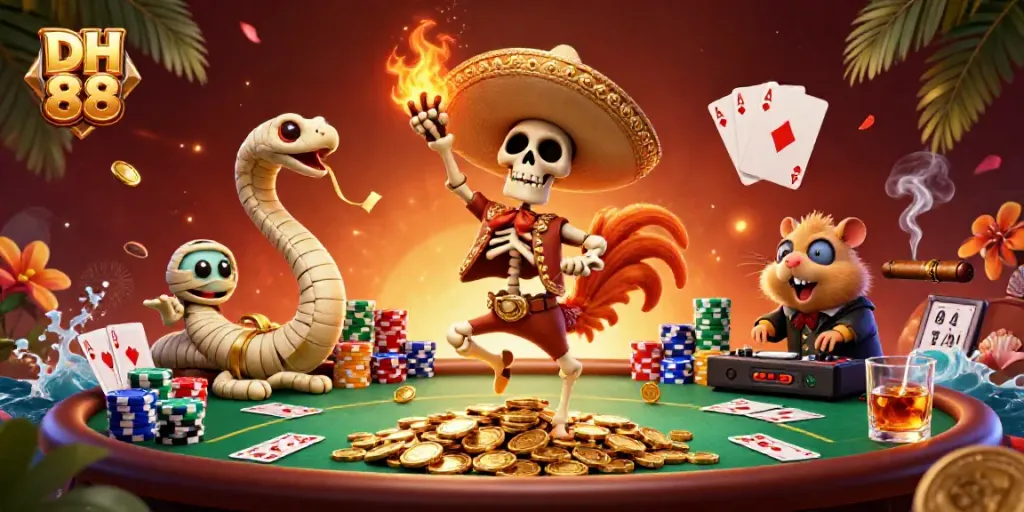 Dance party scene with the DH 88 casino characters celebrating amidst poker chips and cards