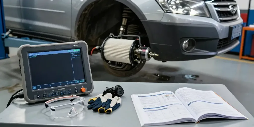 Mechanic inspecting diesel particulate filter (DPF) during dpf regeneration process in automotive workshop