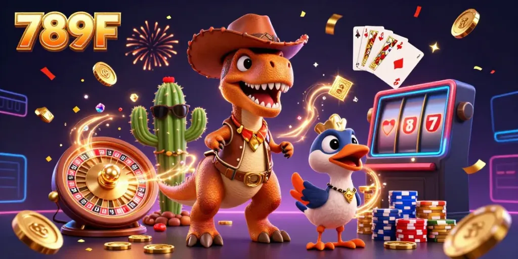 Experience thrilling gameplay at 789F with our dynamic casino scene featuring vibrant characters and exciting elements.