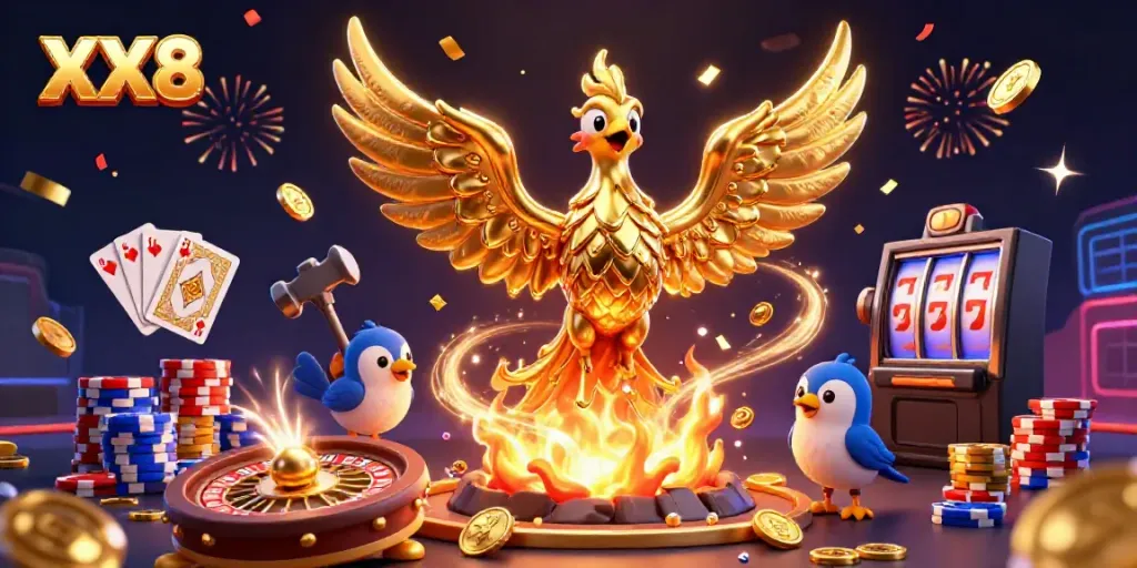 Experience the excitement of XX8 with a golden phoenix and casino elements in action!