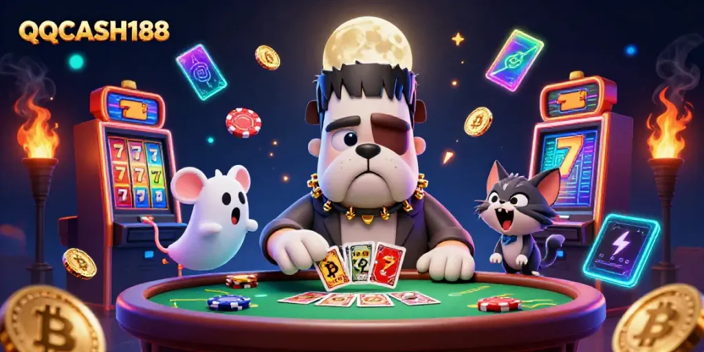 Engage with QQCASH188's thrilling card games led by a Frankenstein bulldog at a dynamic casino.