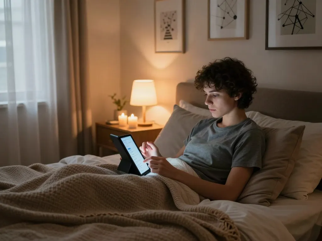 Engaging in ai sex chat on a tablet in a cozy bedroom setting, conveying intimacy and connection.