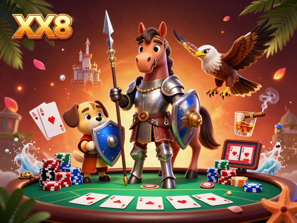 Experience thrilling bets at the XX8 poker table with knights and a puppy ready for action.
