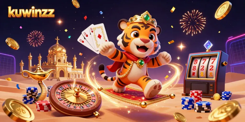 Engage with the thrilling world of kuwinzz as a tiger sultan rides a flying carpet among dazzling casino elements.