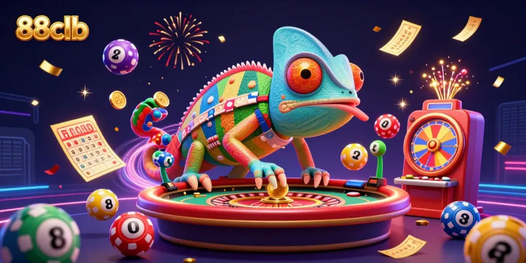 Experience the vibrant casino atmosphere with 88clb's lively chameleon owner amidst colorful lottery balls and confetti.