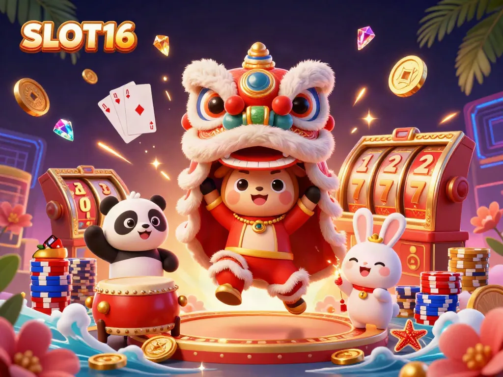 Experience excitement with SLOT16's thrilling lion dance illustration adorned with slot symbols and vibrant chips.