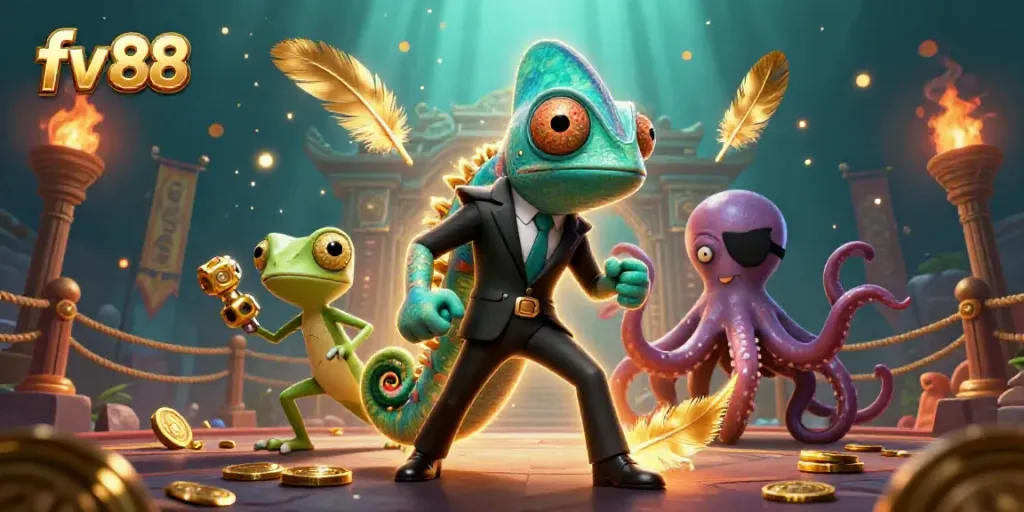 Experience thrilling gameplay with fv 88 in a vibrant and colorful casino scene filled with dynamic characters and gold coins.