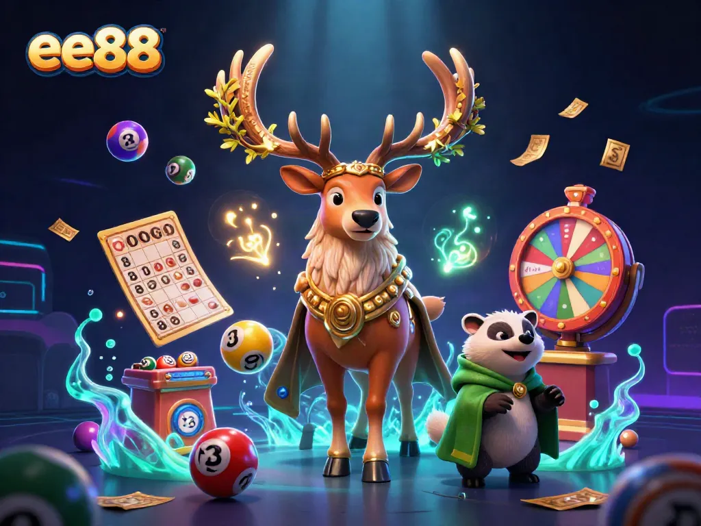 Experience exciting games at ee88 with a vibrant 3D illustration of a druid stag and badger amidst colorful lottery elements.