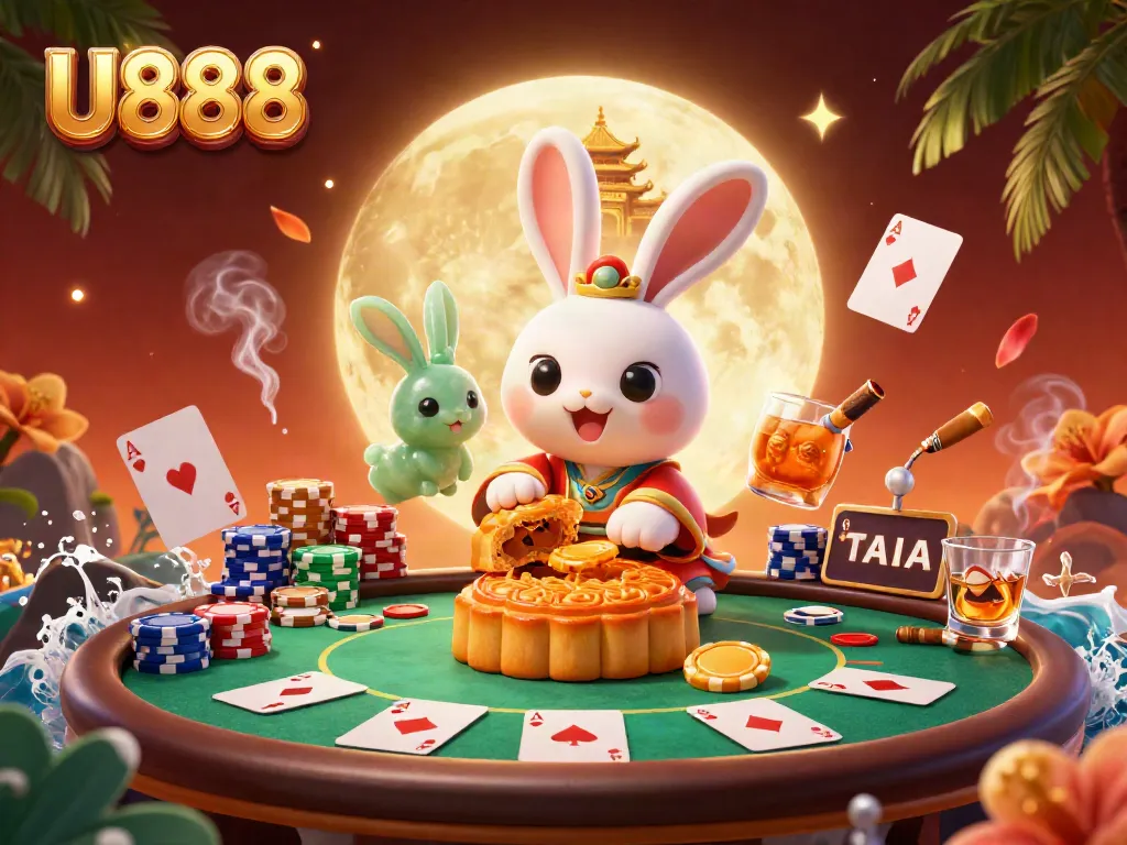 Experience thrilling gameplay at U888 with a cartoon moon rabbit and poker activities on the lunar surface.