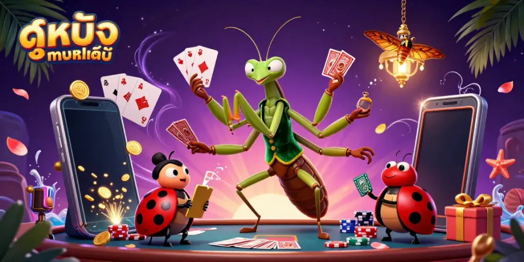 Engage in ดูหนังออนไลน์ with a vibrant 3D cartoon scene depicting unique gambling elements in a lively casino atmosphere.