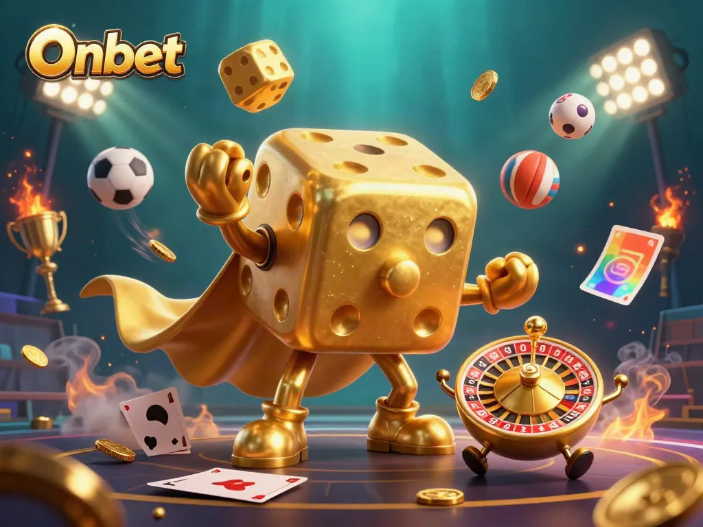 Engage in thrilling gaming at Onbet featuring a dynamic golden dice golem and sports elements.
