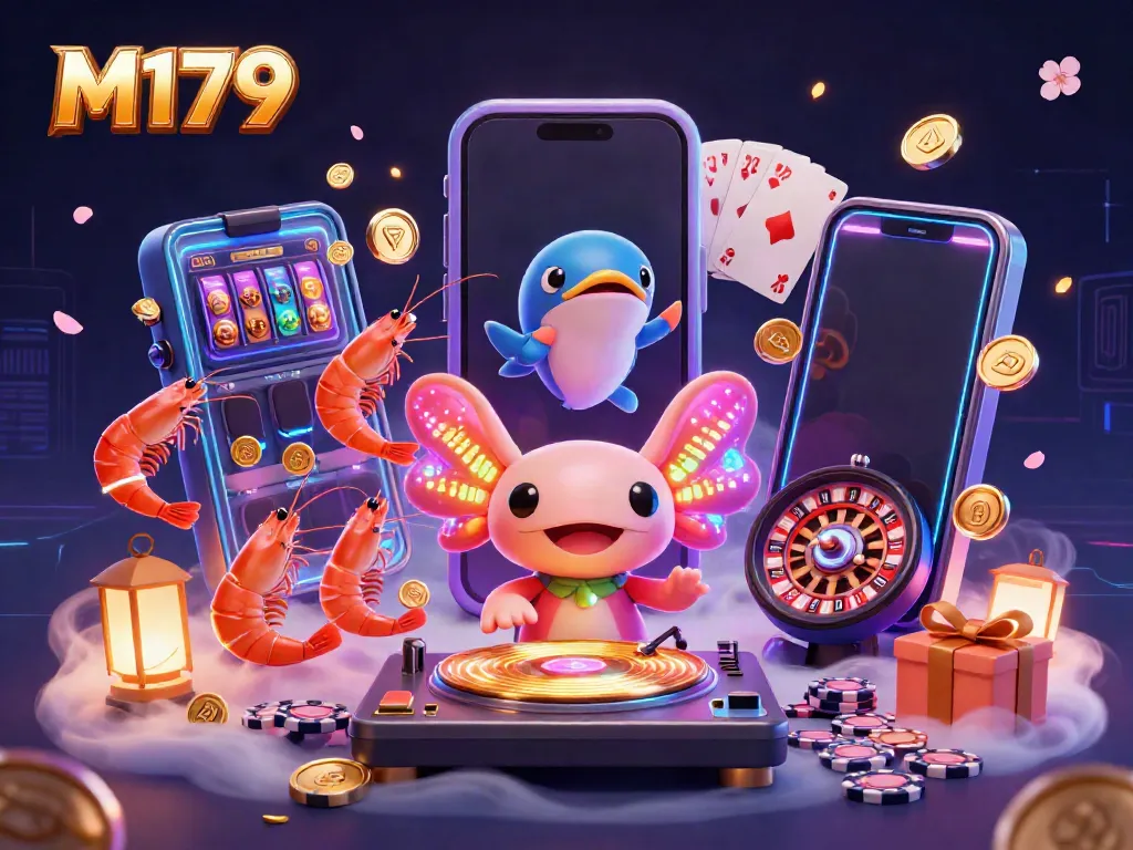 Experience the vibrant M179 casino scene with colorful slot games and lively 3D characters.