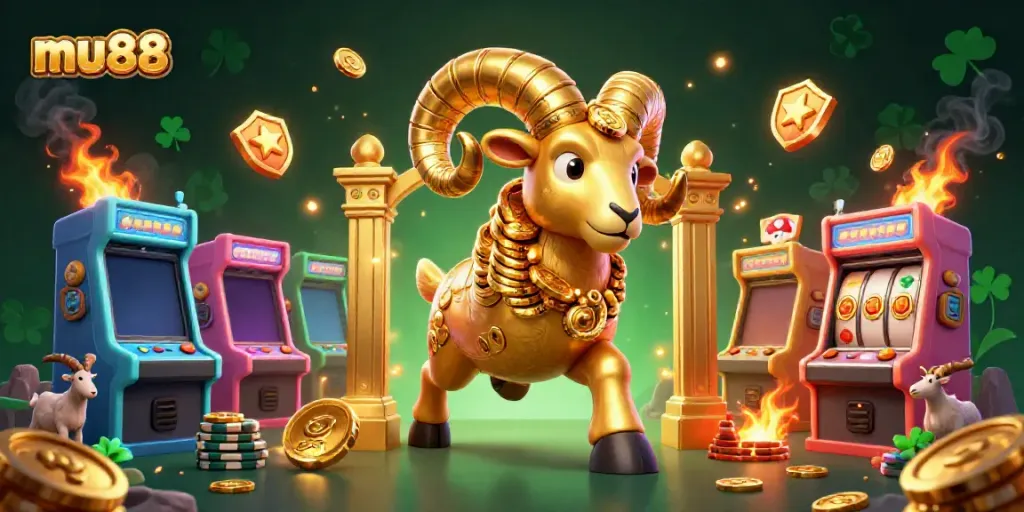 Experience thrilling gameplay at mu88 with a vibrant scene of a golden ram charging amidst colorful arcade game machines and jackpot reels.