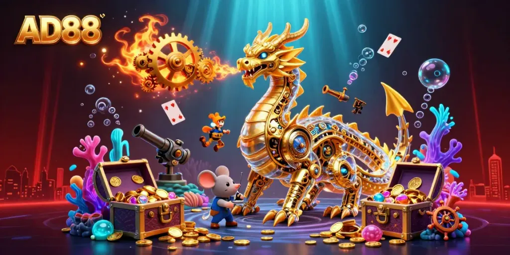 Immerse in AD88's vibrant 3D casino world, featuring a golden dragon and treasure galore.