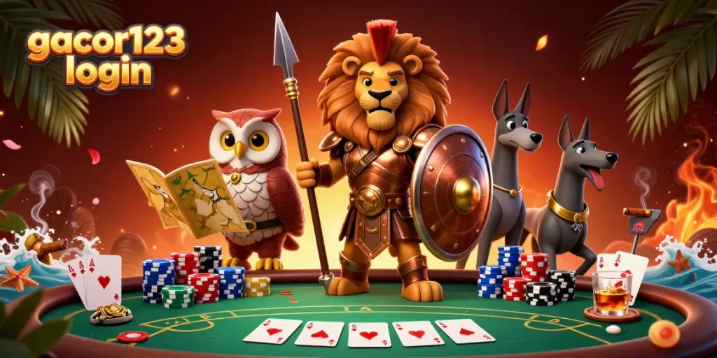 Experience the excitement of gacor123 login with a Spartan lion and engaging casino elements.