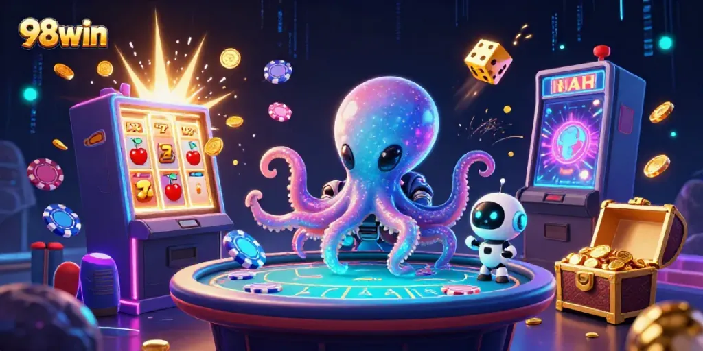 Engage with the exciting 98win casino universe as an alien octopus operates a poker table with casino symbols.