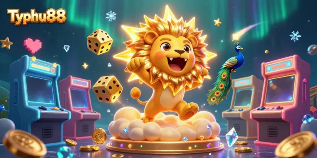 Engage with Typhu88's thrilling gaming experience through a vibrant illustration featuring a roaring sun lion and dynamic game elements.