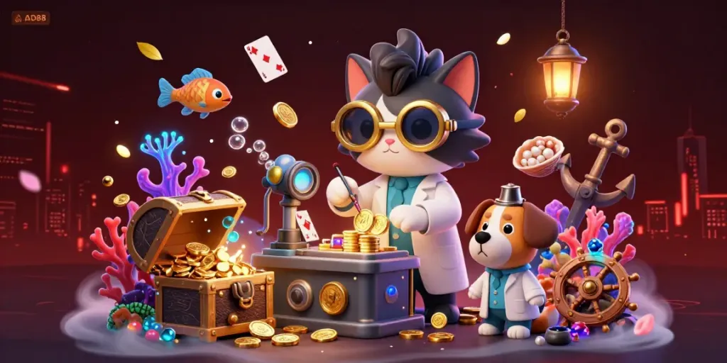 Experience thrilling gold-winning moments at AD88, featuring unique casino elements and characters.