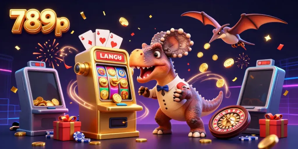 Dynamic scene showcasing a pachycephalosaurus celebrating a jackpot win at the 789p casino, with flying coins.