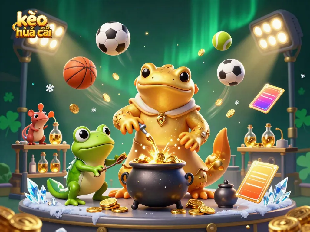 Engage with kèo nhà cái through vibrant 3D illustration of an alchemist and sports elements blending together.