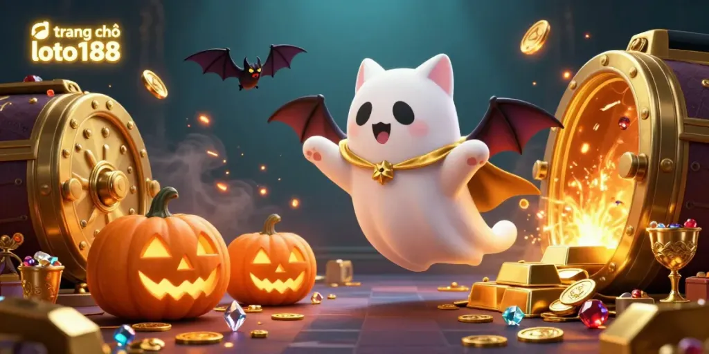 Win big at trang chủ loto188 with a spirited ghost cat and treasure-filled casino scene.