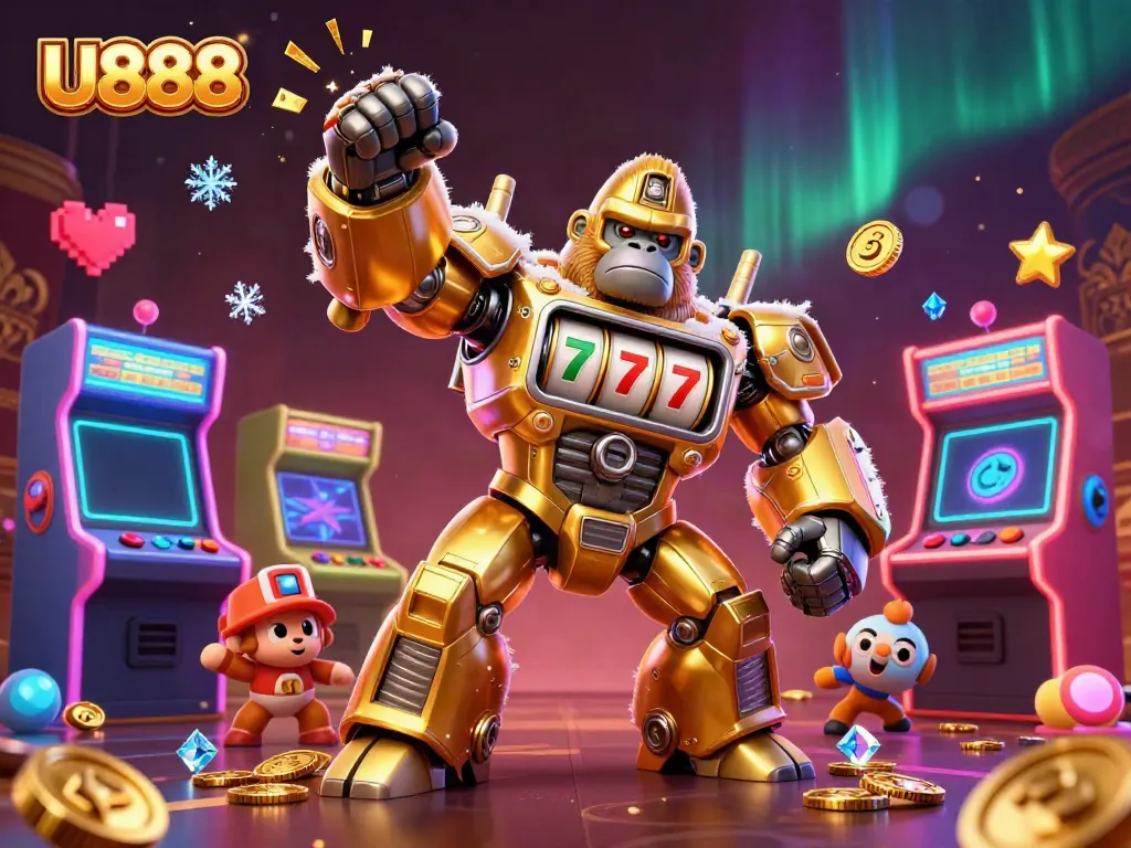 Experience exhilarating gameplay at U888 with a golden gorilla mech showcasing vibrant casino elements.