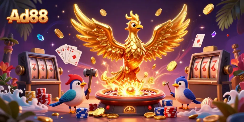 Experience the thrill with Ad88 in this ultra-detailed 3D casino art featuring a phoenix emerging with gold coins.